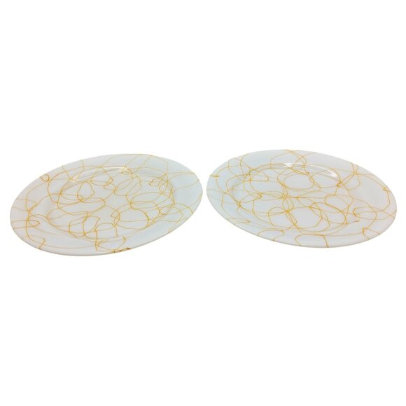 Set Of 2 Vintage Hazel Atlas Porcelain Milk Glass Plates With Gold Splatter Swir - Picture 1 of 4